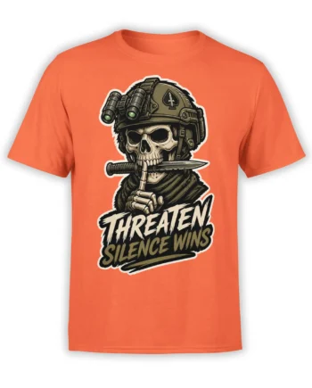 Orange military T-shirt with a skull soldier, tactical helmet, binoculars, blade, and Threaten Silence Wins text