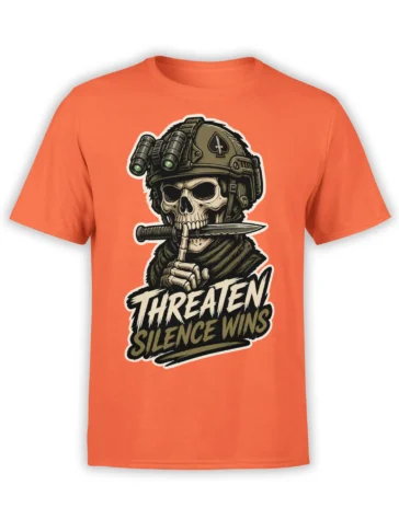 Orange military T-shirt with a skull soldier, tactical helmet, binoculars, blade, and Threaten Silence Wins text