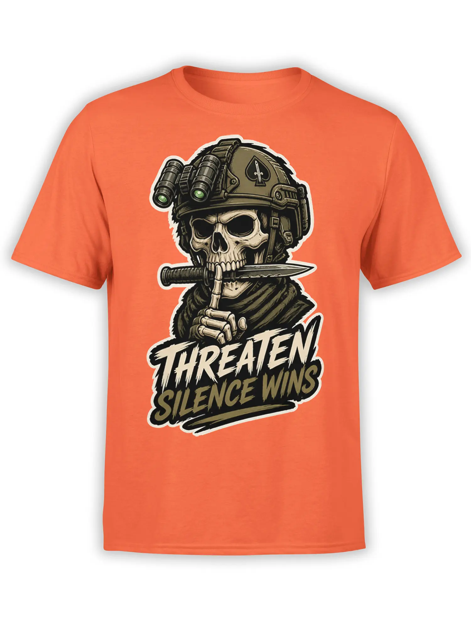 Orange military T-shirt with a skull soldier, tactical helmet, binoculars, blade, and Threaten Silence Wins text