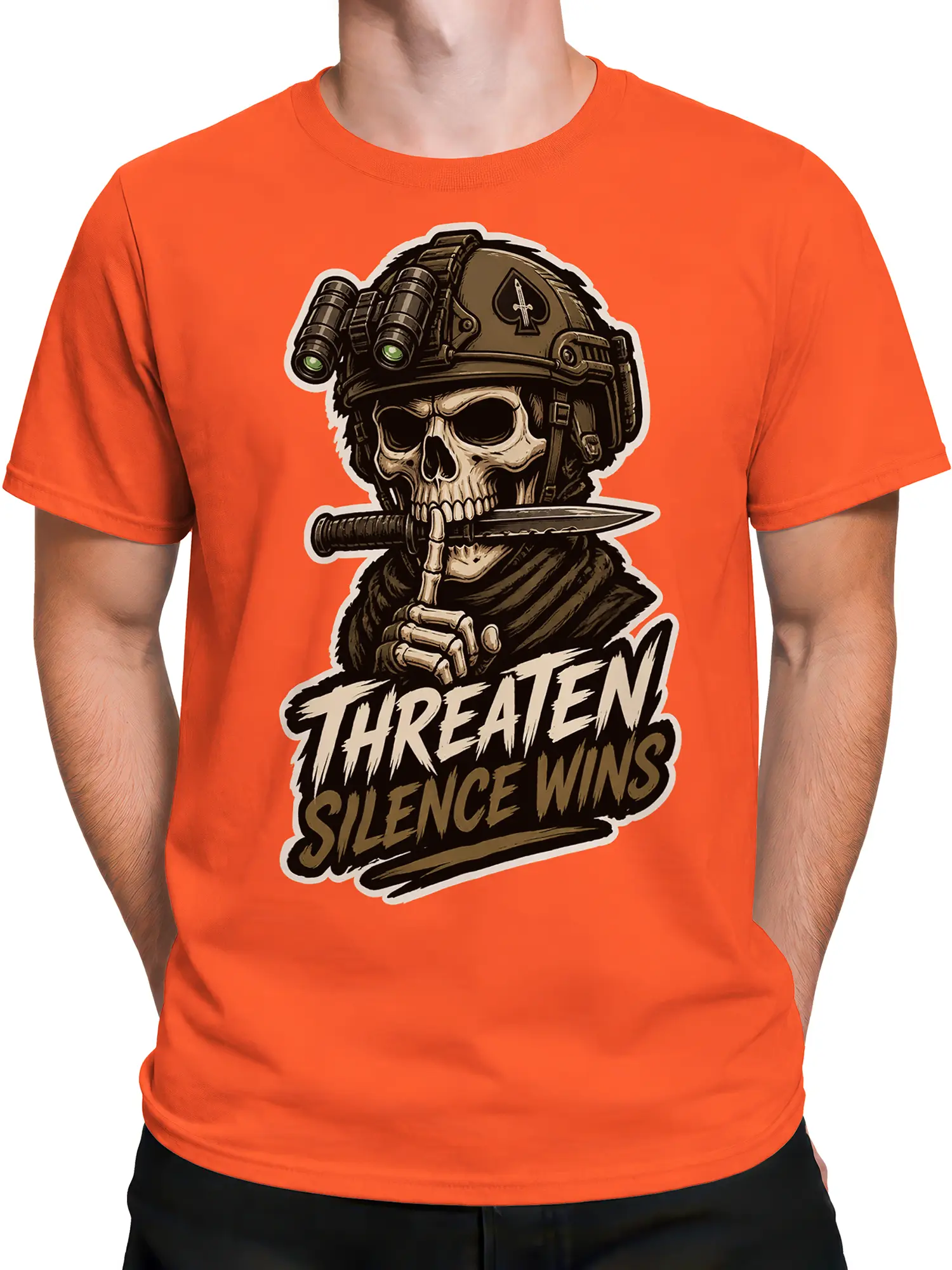 Male torso wearing an orange military T-shirt with skull soldier artwork, binoculars, blade, and Threaten Silence Wins text