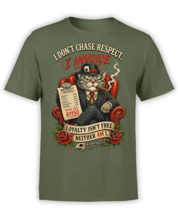 Olive green T-shirt featuring a stern boss cat with a cigar, invoice, roses, and vintage loyalty lettering