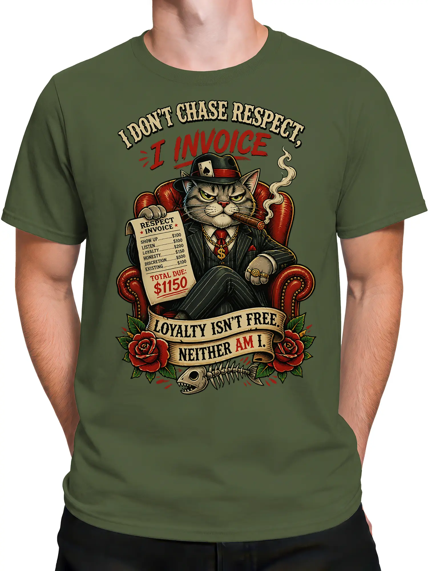 Male torso wearing an olive green T-shirt with a cigar-smoking boss cat and invoice graphic