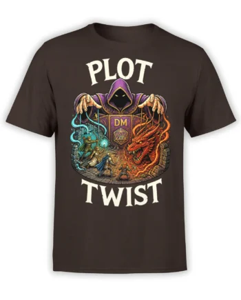 Brown RPG T-shirt with a hooded game master, red dragon, adventurers, and bold Plot Twist lettering