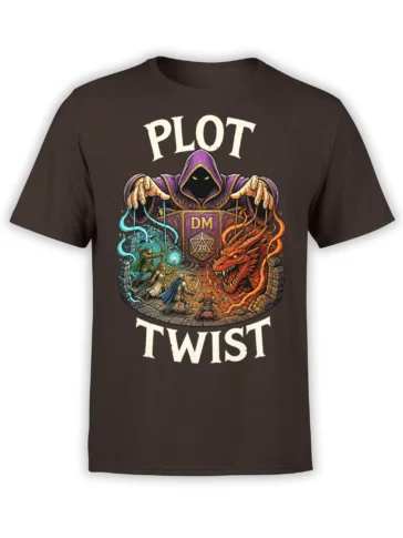 Brown RPG T-shirt with a hooded game master, red dragon, adventurers, and bold Plot Twist lettering