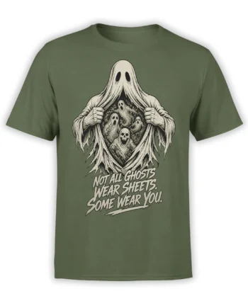 Green ghost T-shirt with sheet spirits, a skull, and “Not All Ghosts Wear Sheets” artwork