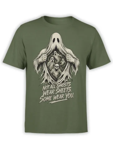 Green ghost T-shirt with sheet spirits, a skull, and “Not All Ghosts Wear Sheets” artwork