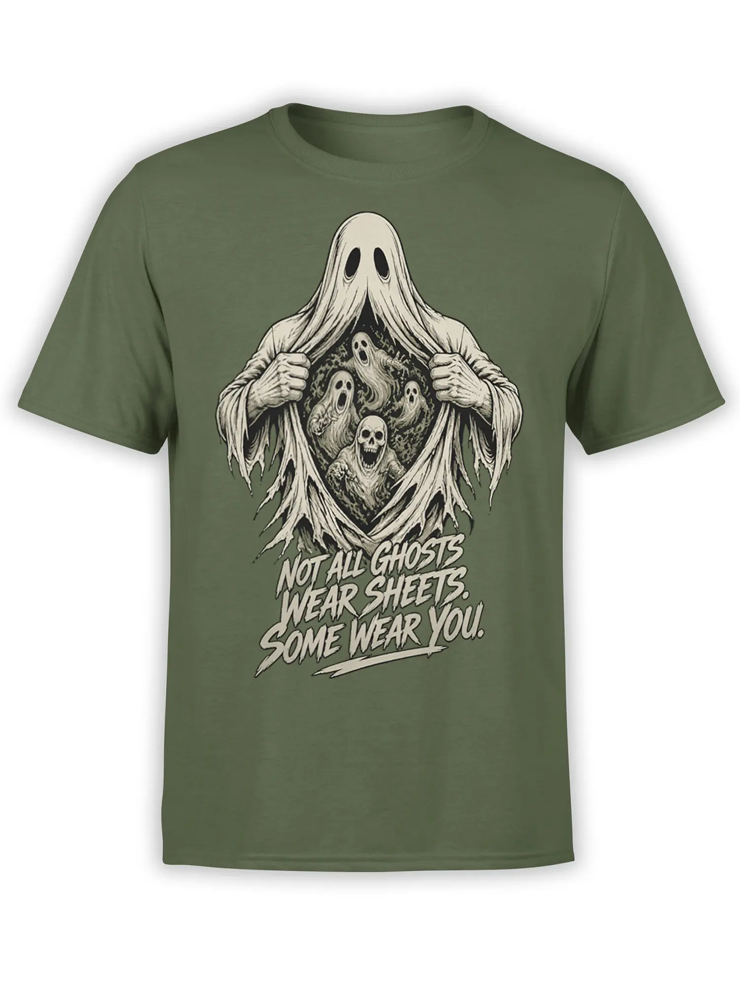 Green ghost T-shirt with sheet spirits, a skull, and “Not All Ghosts Wear Sheets” artwork