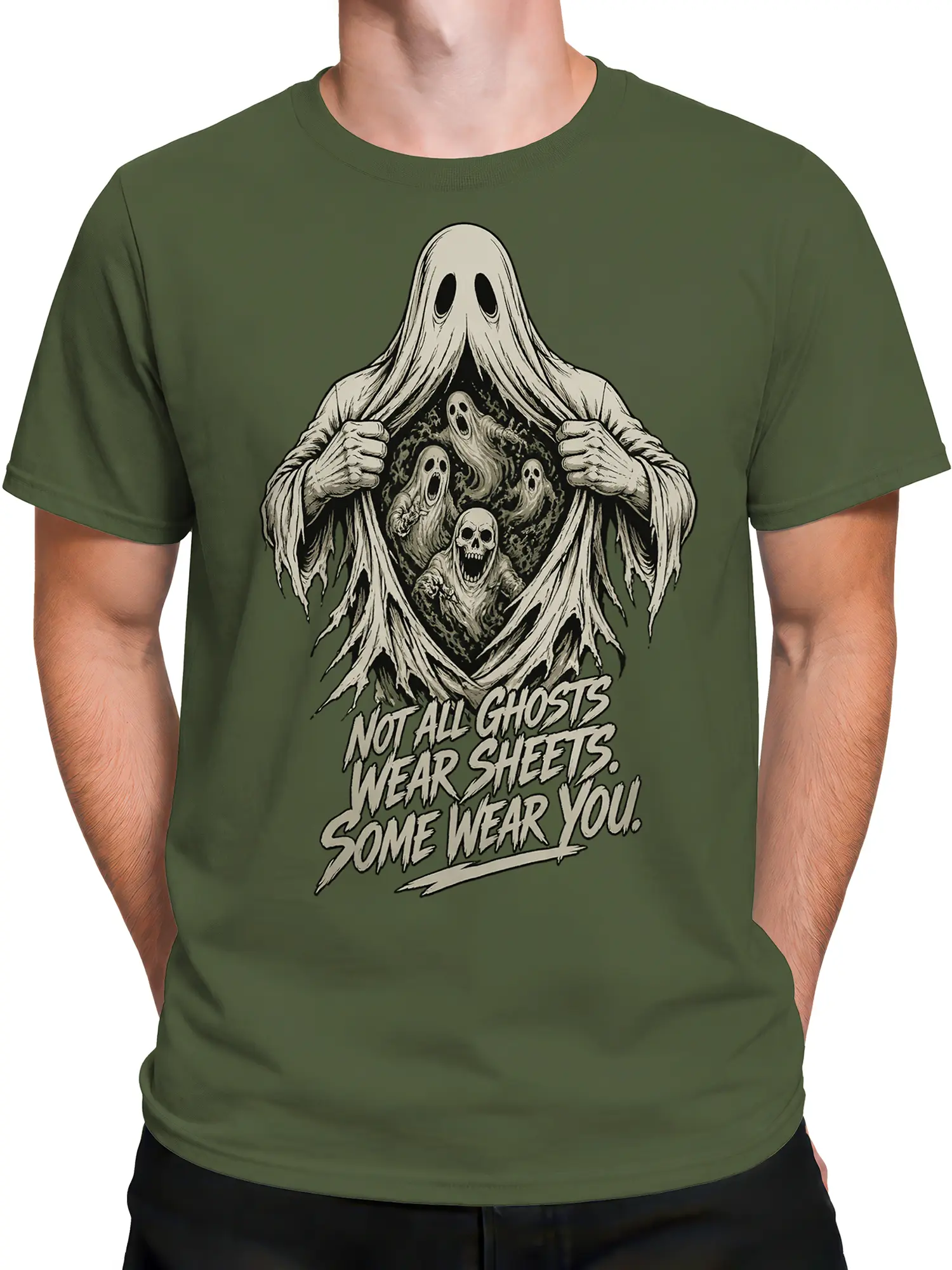 Male torso wearing a green ghost T-shirt with vintage sheet spirits and skull artwork