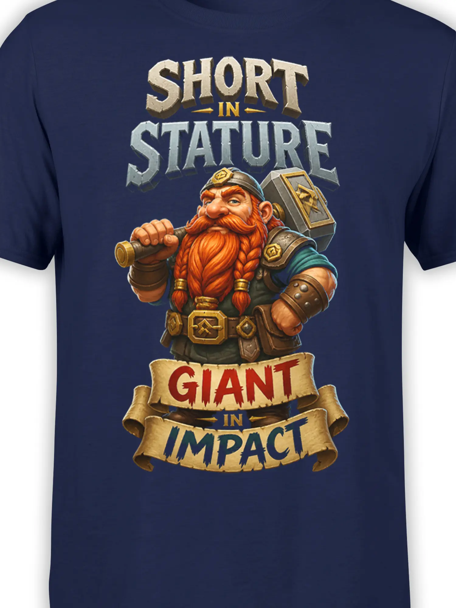 Close-up of the dwarf warrior, hammer, armor, and bold lettering on a navy fantasy T-shirt