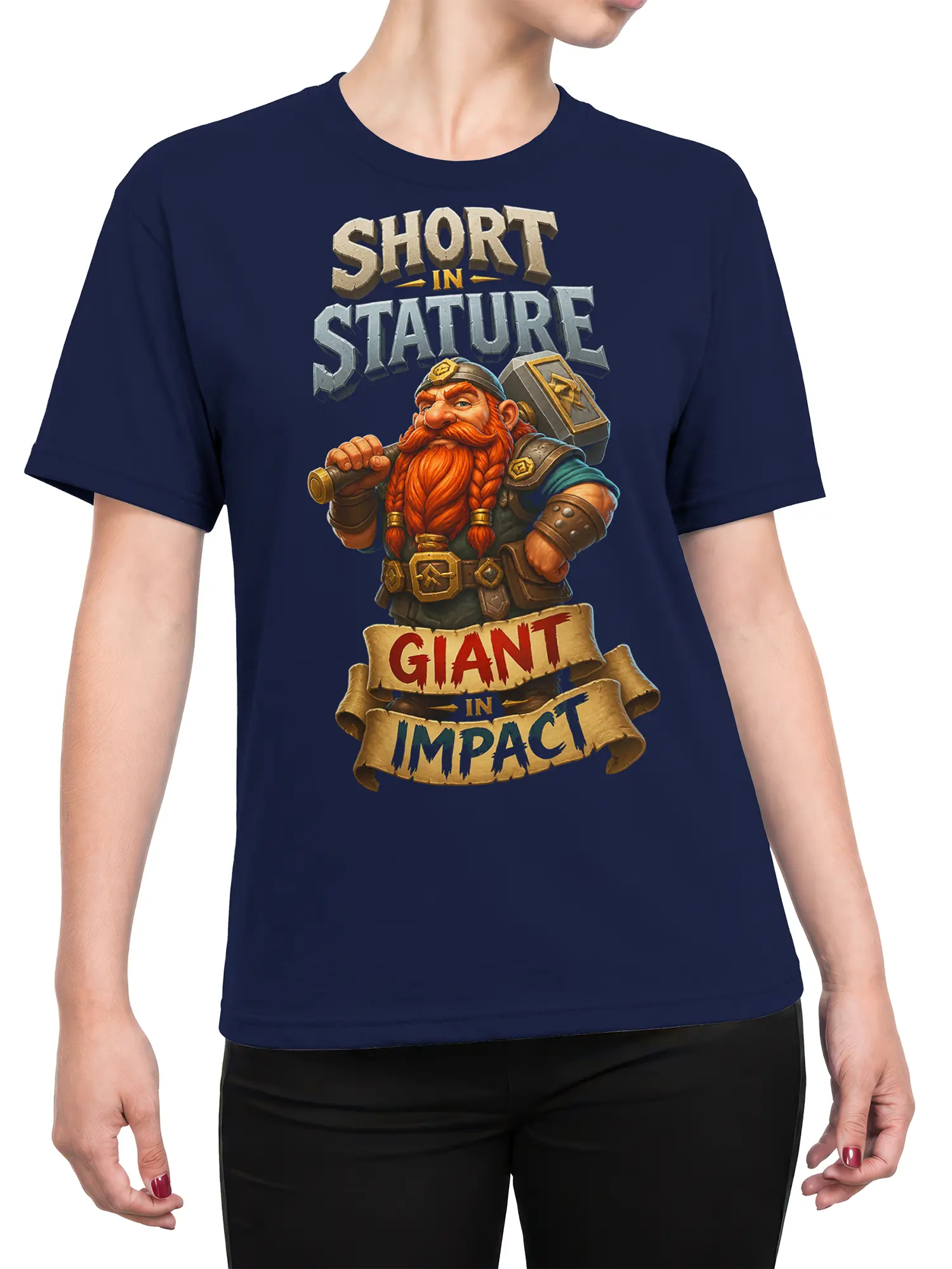 Female torso wearing a navy dwarf warrior T-shirt with fantasy lettering and a hammer-wielding character