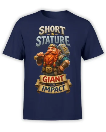 Bearded dwarf warrior with a hammer and bold fantasy lettering on a navy T-shirt