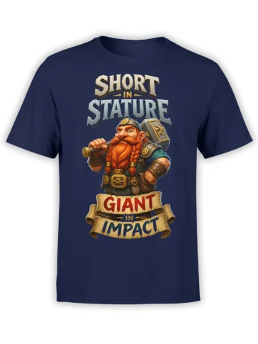 Bearded dwarf warrior with a hammer and bold fantasy lettering on a navy T-shirt
