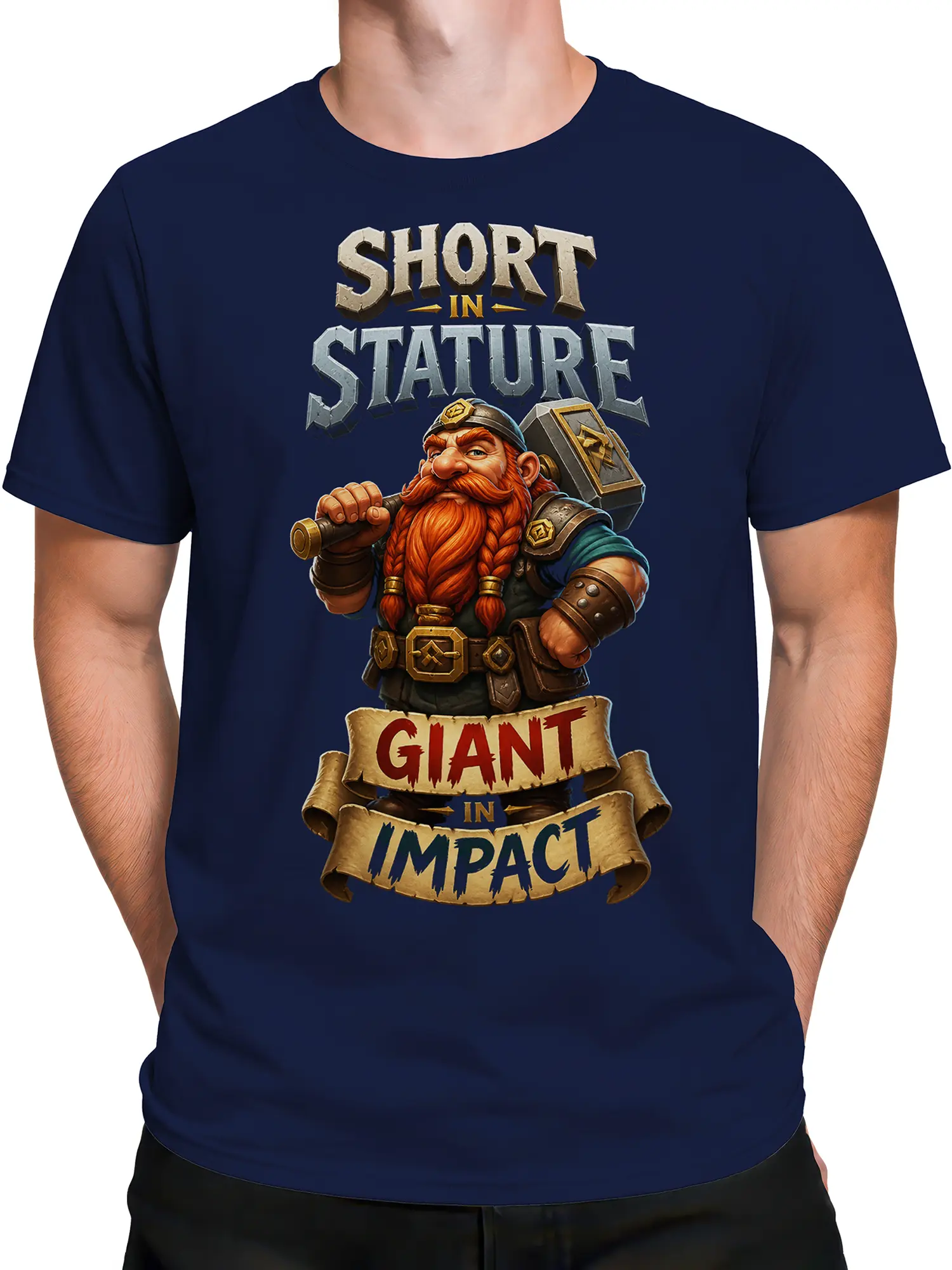 Male torso wearing a navy dwarf warrior T-shirt with bold fantasy artwork and impact message