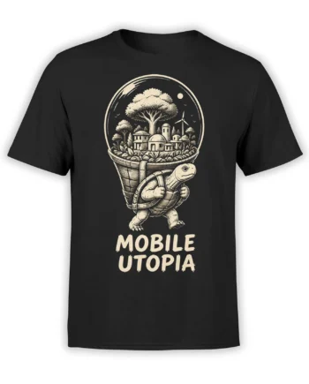 Black turtle T-shirt with a city landscape, wind turbine, large tree, and Mobile Utopia text in cream