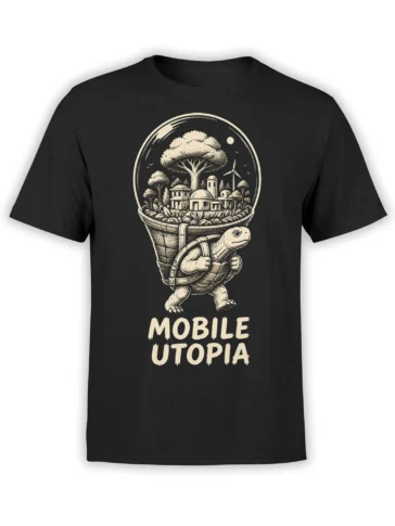Black turtle T-shirt with a city landscape, wind turbine, large tree, and Mobile Utopia text in cream