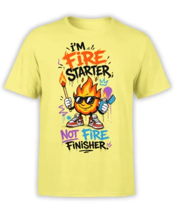 Yellow fire starter graphic T-shirt with flame character, sunglasses, match, lighter, and bold graffiti lettering