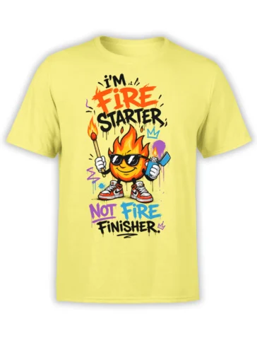 Yellow fire starter graphic T-shirt with flame character, sunglasses, match, lighter, and bold graffiti lettering