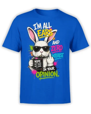 Blue rabbit t-shirt with sunglasses, coffee mug, colorful lettering, and a sarcastic zero-interest message