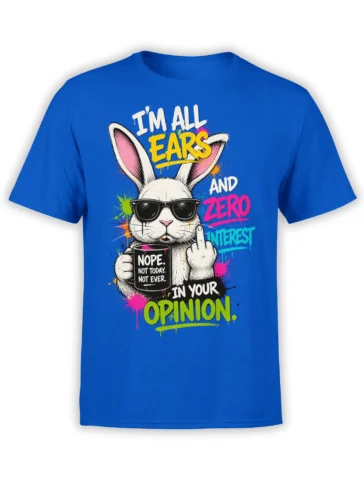 Blue rabbit t-shirt with sunglasses, coffee mug, colorful lettering, and a sarcastic zero-interest message