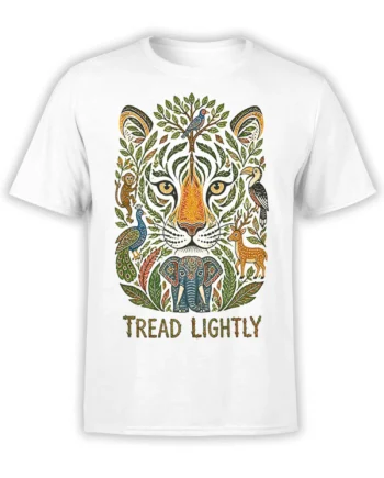 White wildlife T-shirt with a detailed lion portrait, surrounding animals, leafy artwork, and TREAD LIGHTLY lettering