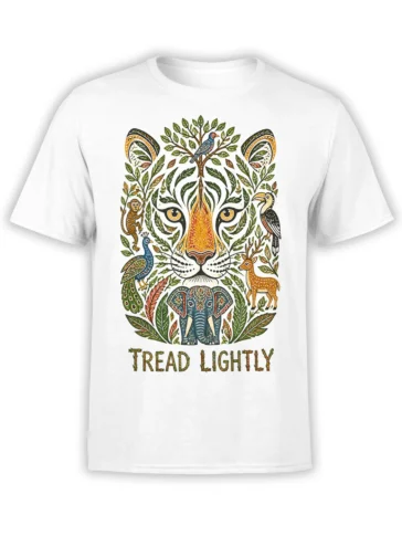White wildlife T-shirt with a detailed lion portrait, surrounding animals, leafy artwork, and TREAD LIGHTLY lettering