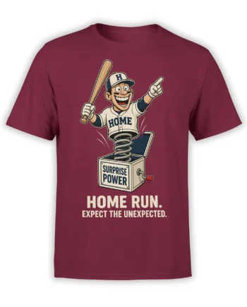 Cartoon baseball player bursting from a spring box on a burgundy T-shirt with a home run message