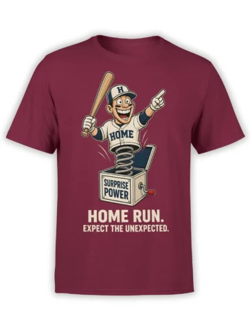 Cartoon baseball player bursting from a spring box on a burgundy T-shirt with a home run message