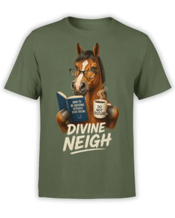 Green horse T-shirt with a glasses-wearing horse reading a book and holding a “Do Not Disturb” coffee mug