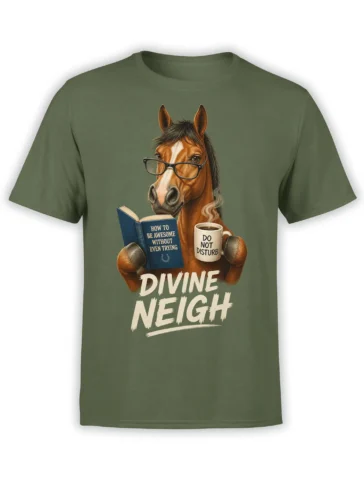 Green horse T-shirt with a glasses-wearing horse reading a book and holding a “Do Not Disturb” coffee mug