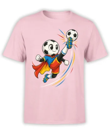 Cartoon soccer-ball superhero kicking a flying ball on a pink soccer T-shirt
