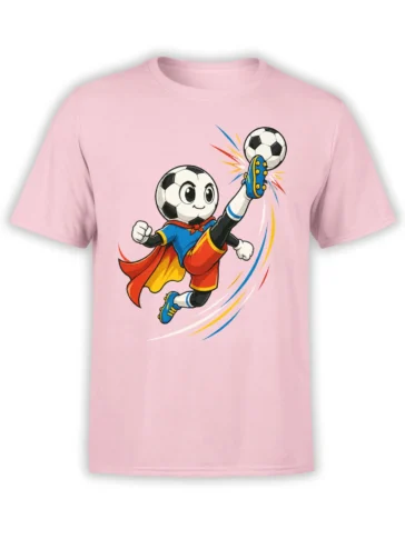 Cartoon soccer-ball superhero kicking a flying ball on a pink soccer T-shirt