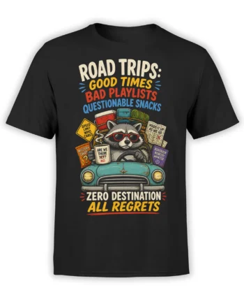 Black road trip T-shirt with a raccoon driving a vintage car and colorful zero destination lettering