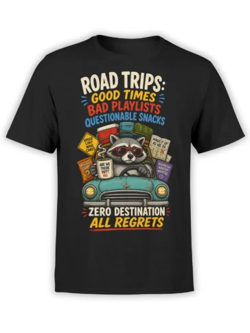 Black road trip T-shirt with a raccoon driving a vintage car and colorful zero destination lettering