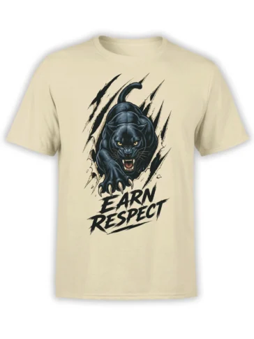 Black panther tearing through a beige T-shirt with glowing eyes, claws, and an Earn Respect slogan