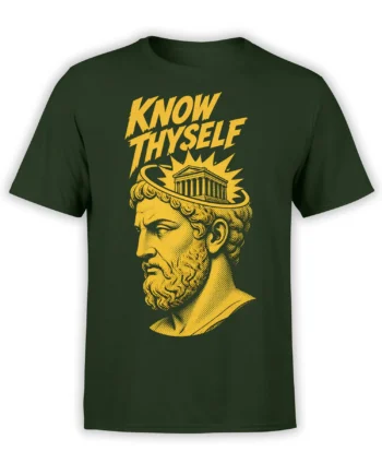 Dark green T-shirt with yellow Know Thyself lettering and classical bust graphic