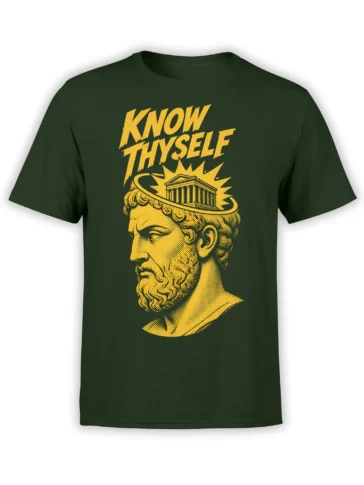 Dark green T-shirt with yellow Know Thyself lettering and classical bust graphic