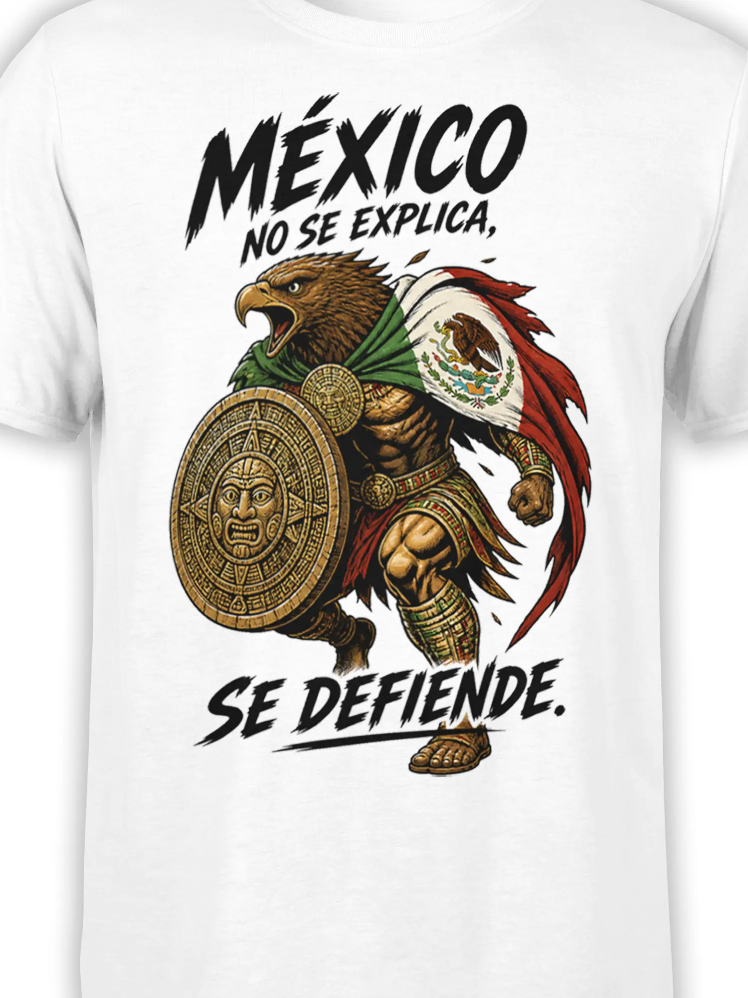 Close-up of the Mexican eagle warrior design with shield, flowing cape, and Spanish message on a white shirt