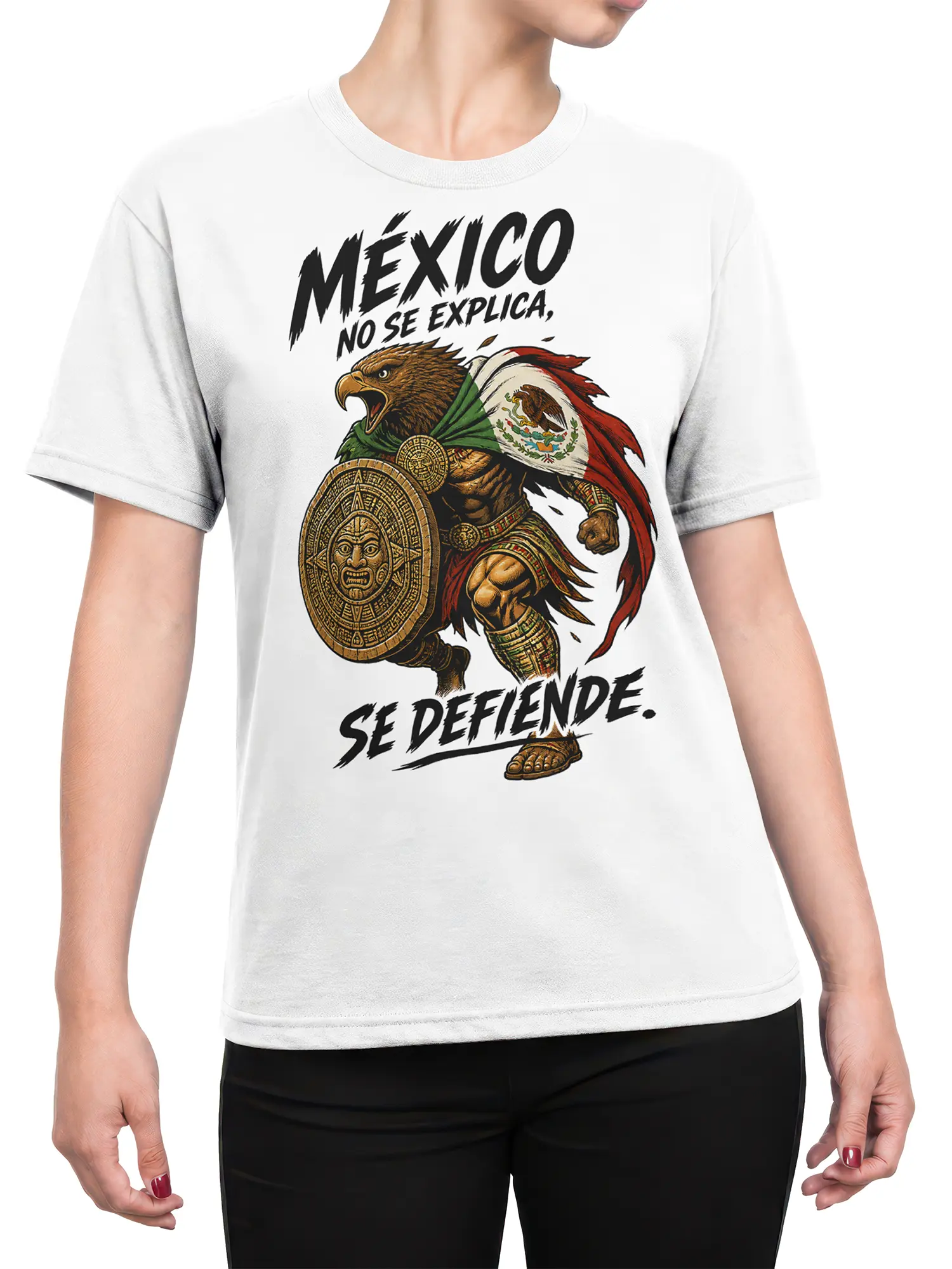 Female torso wearing a white Mexican eagle warrior T-shirt with a shield and bold patriotic Spanish artwork