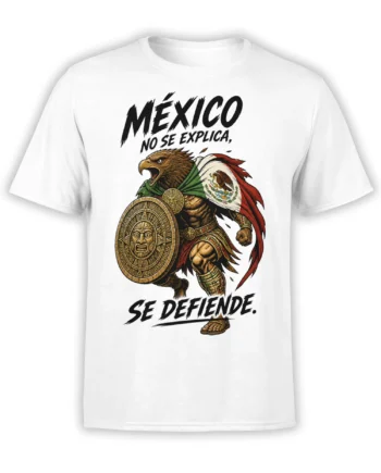 White T-shirt with a fierce Mexican eagle warrior, circular shield, and bold Spanish pride lettering