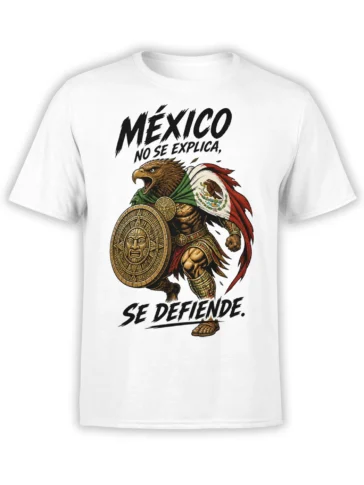 White T-shirt with a fierce Mexican eagle warrior, circular shield, and bold Spanish pride lettering
