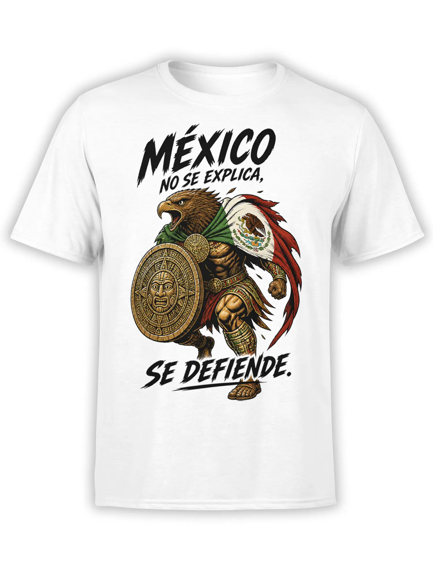 White T-shirt with a fierce Mexican eagle warrior, circular shield, and bold Spanish pride lettering