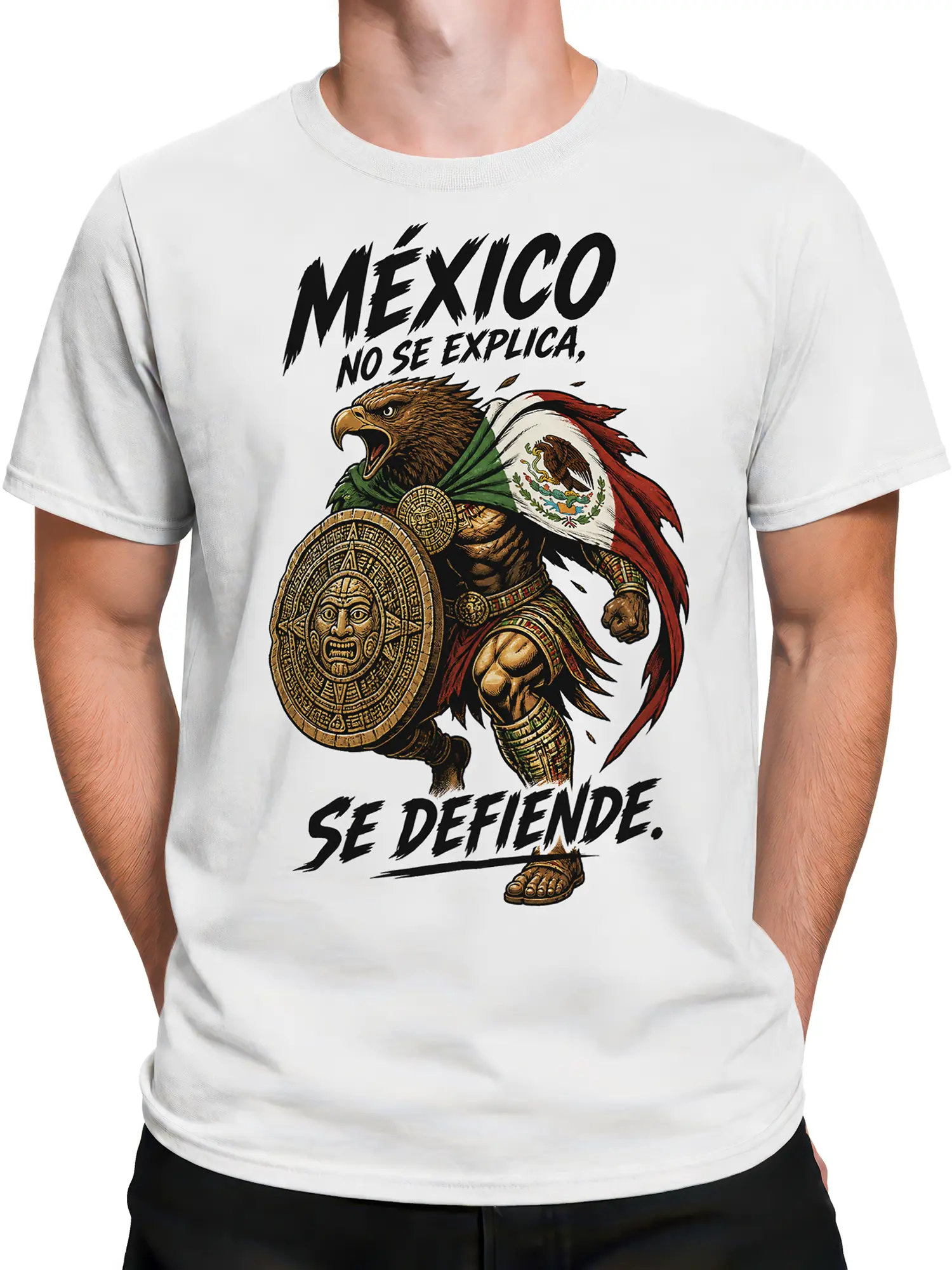 Male torso wearing a white Mexican eagle warrior T-shirt with bold shield artwork and national colors