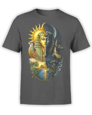 Egyptian pharaoh T-shirt in gray with sun, moon, eagle, Anubis, pyramids, lotus, and Nile artwork