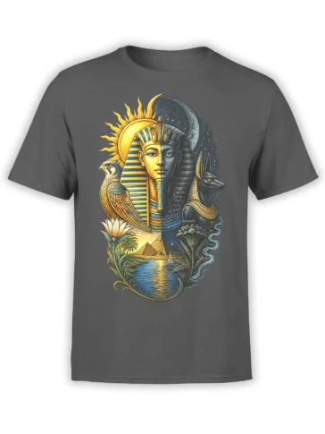 Egyptian pharaoh T-shirt in gray with sun, moon, eagle, Anubis, pyramids, lotus, and Nile artwork
