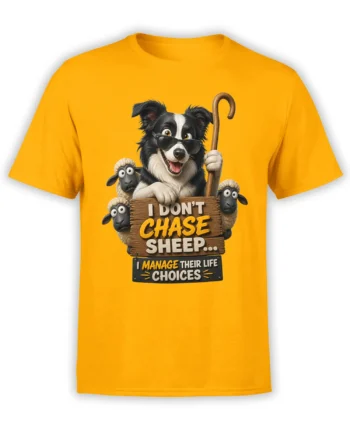 Yellow dog t-shirt with a sunglass-wearing herding dog, three sheep, a cane, and funny management text