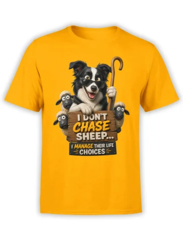 Yellow dog t-shirt with a sunglass-wearing herding dog, three sheep, a cane, and funny management text