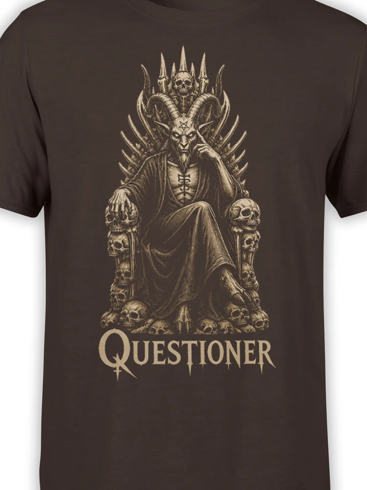 Close-up of the horned demon, skull throne, and QUESTIONER artwork on a brown graphic T-shirt