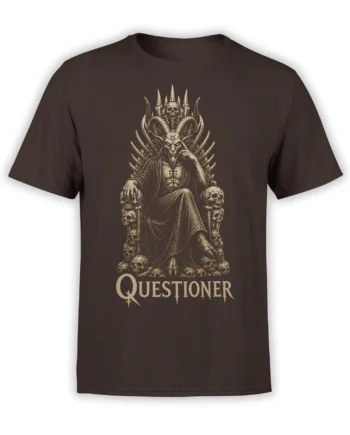 Brown T-shirt with a horned demon seated on a skull throne above the word QUESTIONER