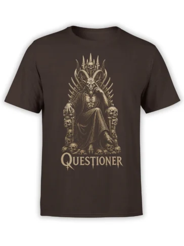 Brown T-shirt with a horned demon seated on a skull throne above the word QUESTIONER