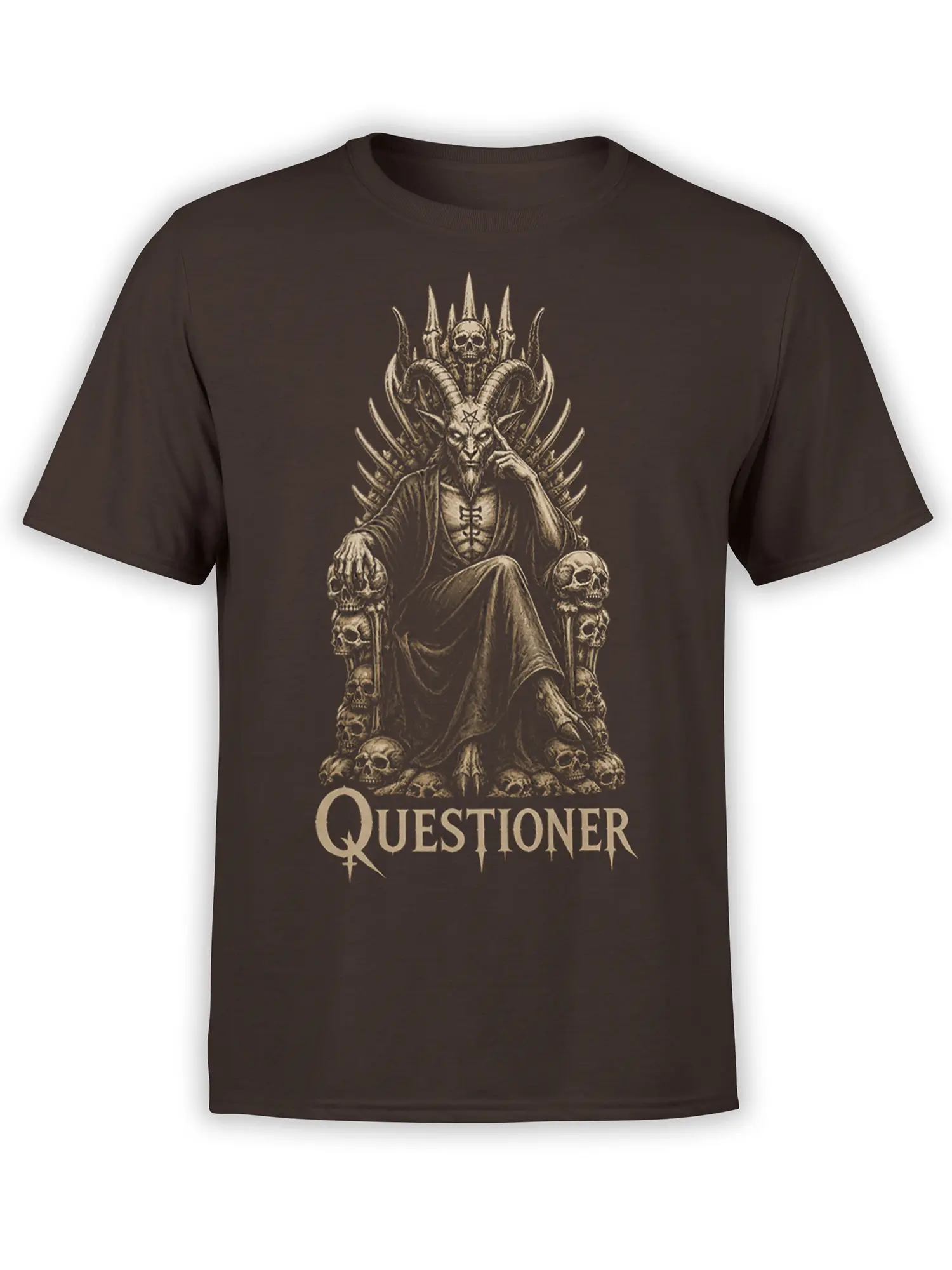Brown T-shirt with a horned demon seated on a skull throne above the word QUESTIONER